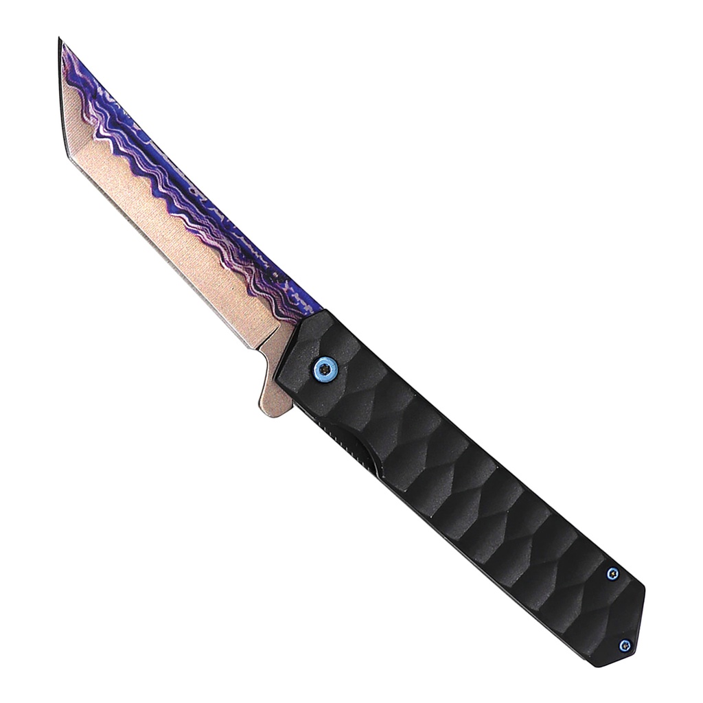 Modern Damascus Flipper Tanto Spring Assisted Knife - Purple Blade