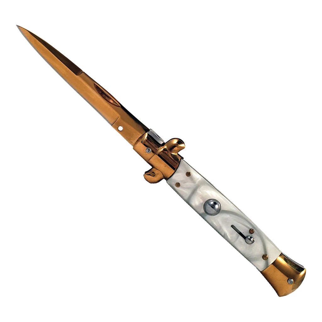 Cinema Godfather Stiletto Automatic Knife - White Marble & Gold