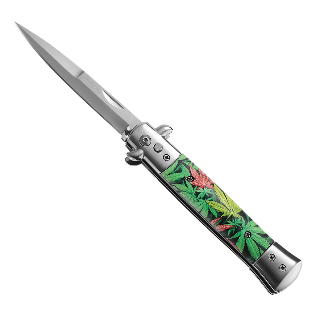 Emerald Leaf Quick-Deploy Stiletto Switchblade - Black Wood