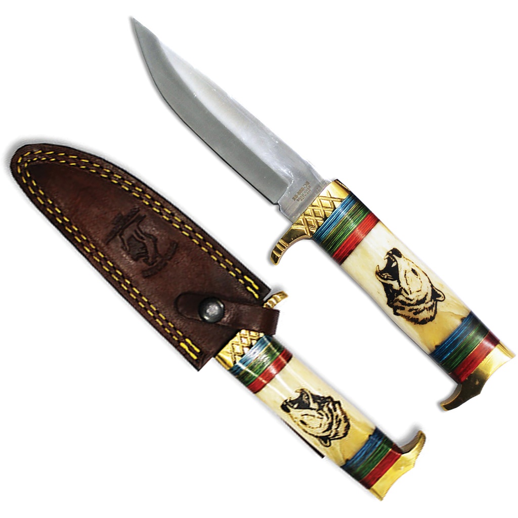 Bone Bear Heritage Hunting Knife - Brass & Leather